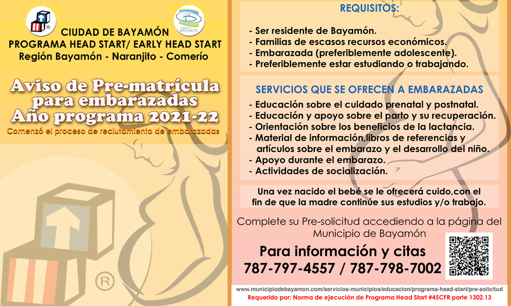 Aviso de prematricula para Embarazadas -  Early Head Start