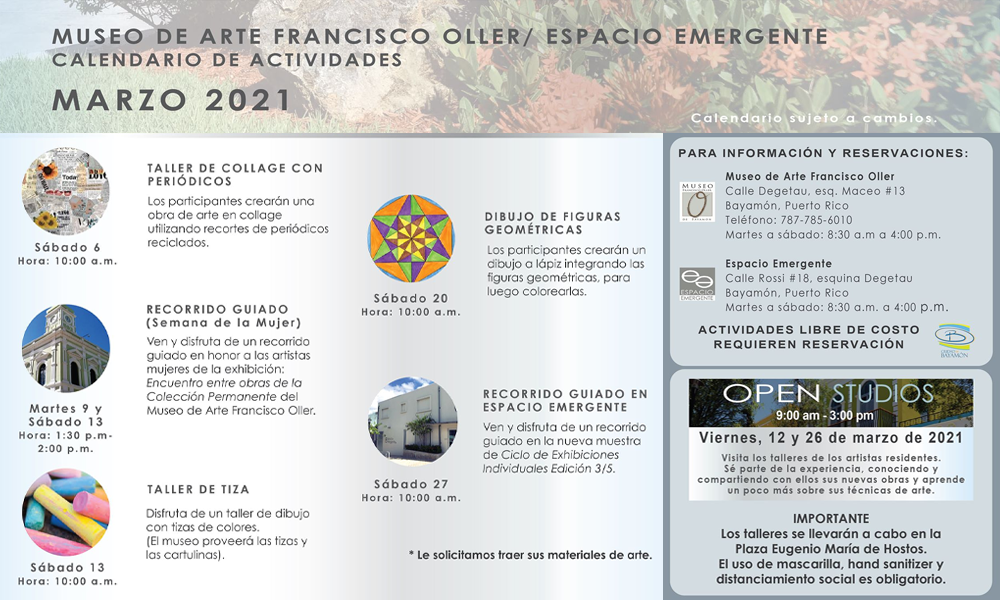Calendario de Actividades para Espacio Emergente y Museo Francisco Oller Mes de Marzo
