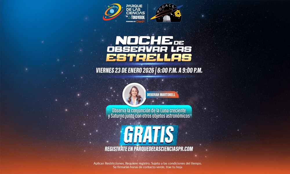 Visítanos este 23 de enero, en la noche para observar las estrellas. Únete a nosotros de 6:00 p.m. a 9:00 p.m. en el Parque de las Ciencias