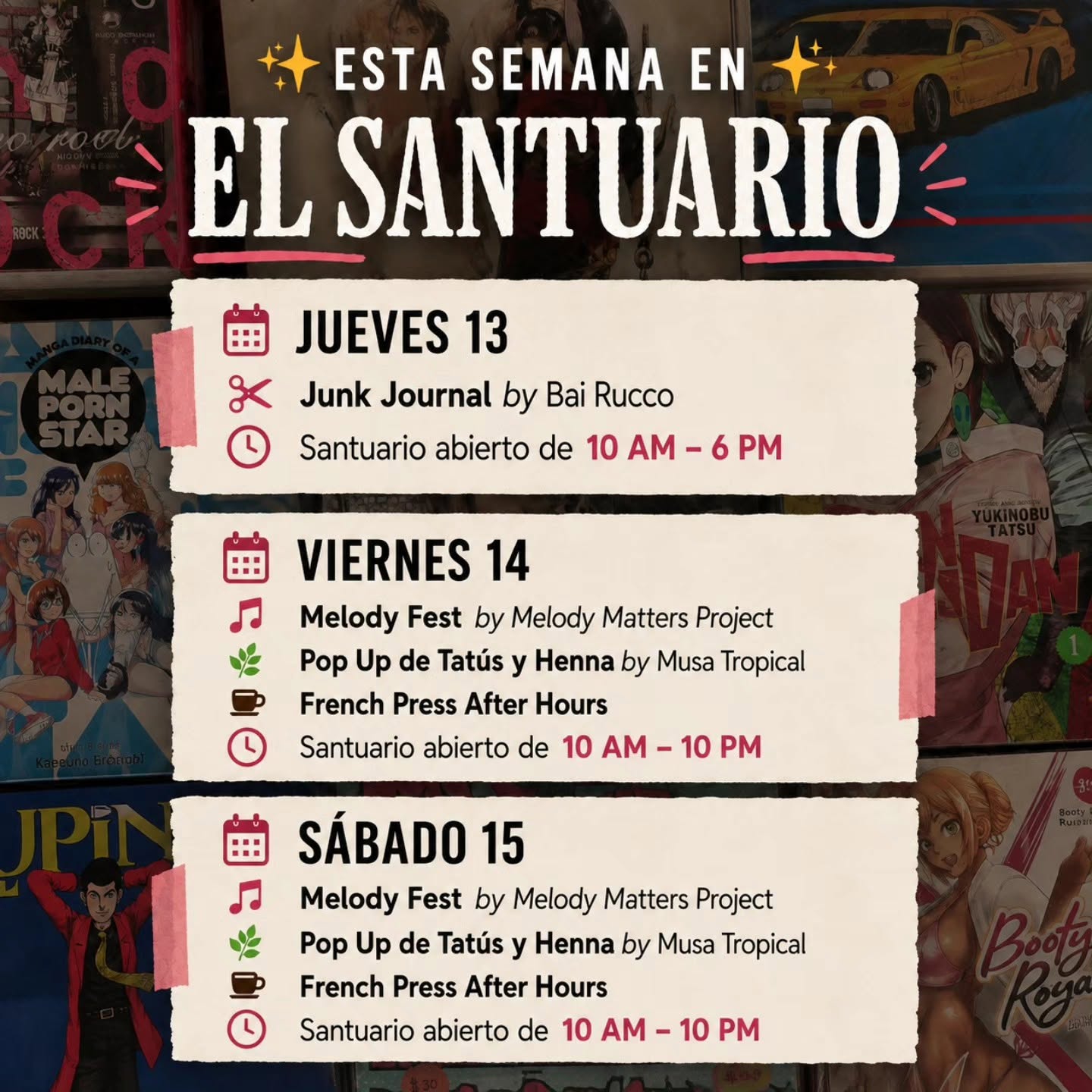 Calendario jueves 13 al sabado 15 en Santuario Libros y Discos
