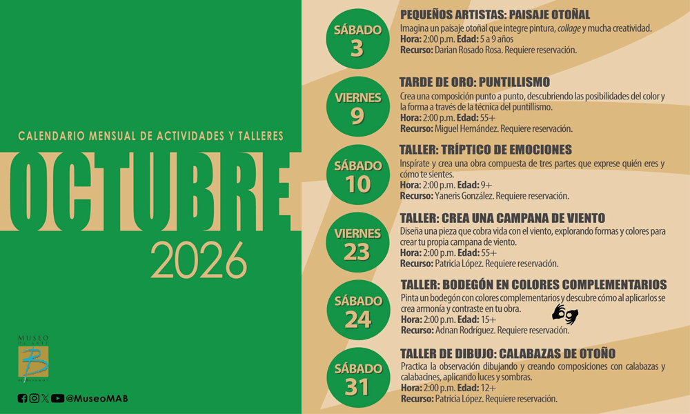 Calendario de Talleres del Museo de Arte de Bayamon para el Mes de Octubre 2026